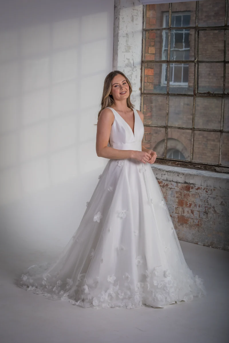Natalya James Orchid collection wedding dress with a floral overskirt